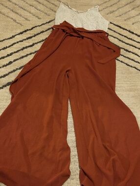 Rust Wide-Leg Jumpsuit with Lace Bodice and Self-Tie Waistband